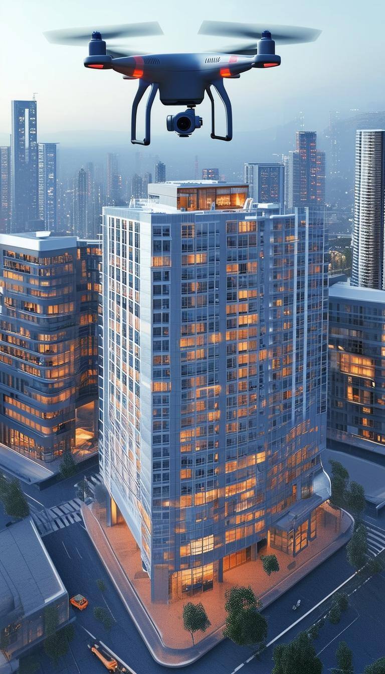 drone flying around buildings